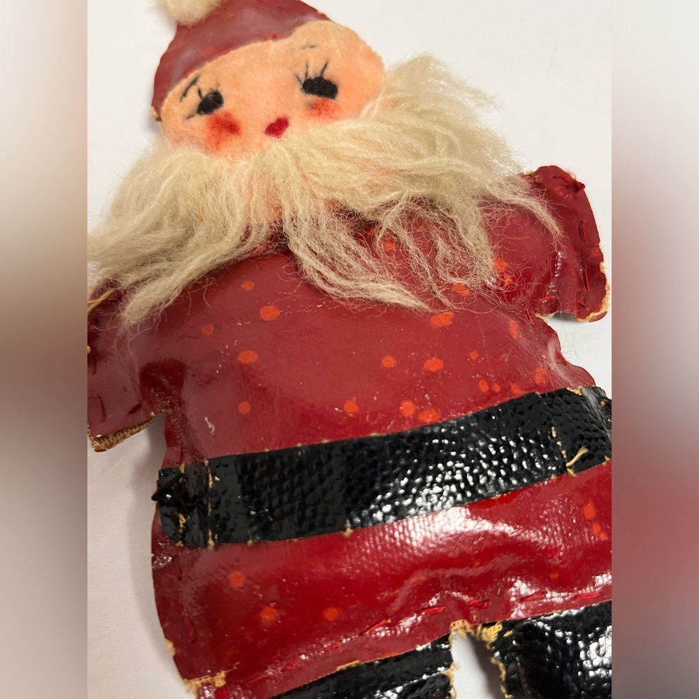 Handmade Christmas Ornament Santa Claus Hand Painted Leather‎ Fabric Vintage.